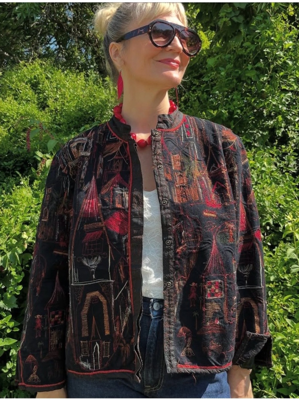 Chico's Black Jacket with Red & Rust Pattern